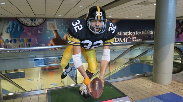 Arrivals at the Pittsburgh airport are greeted with statue of the most important single moment in the city’s history, seemingly.